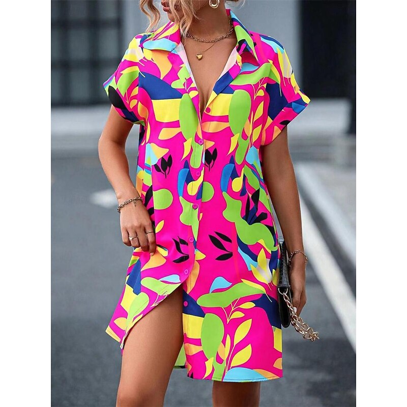 Women's Shirt Dress Casual Dress Mini Dress Date Vacation Modern Casual Shirt Collar Button Print Short Sleeve Summer Spring Loose Fit Floral Leaf4
