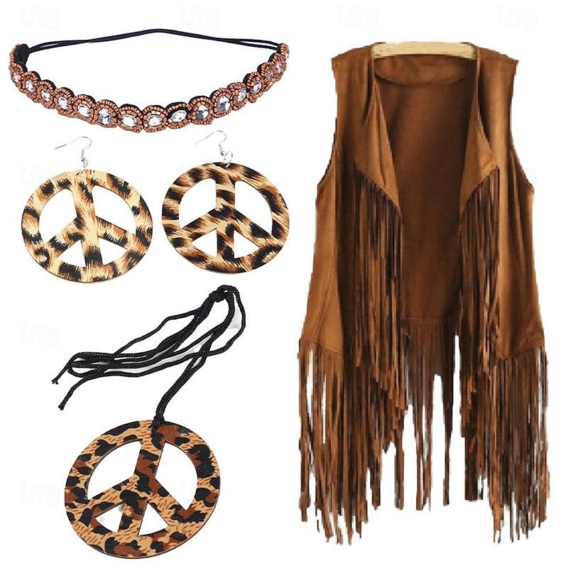Hippie Retro Vintage 1960s 1970s Accesories Set Suede Vest Women's Tassel Fringe Costume Vintage Cosplay Vest
