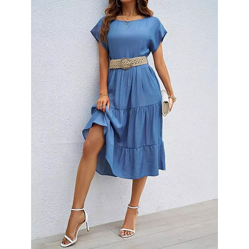 Women's Casual Dress Midi Dress Imitation Denim Ruched Casual Crew Neck Short Sleeve Blue Color Without Belt3