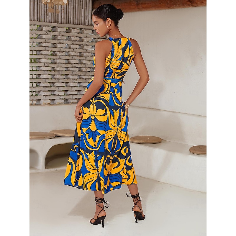 Women's Midi Dress Midi Dress Yellow Sleeveless Floral Belted Printing Spring & Summer High Neck Pattern Dress S M L3