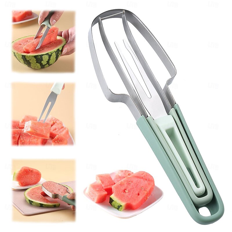 3-in-1 Watermelon Fork Slicer Cutter, Stainless Steel Watermelon Popsicle Cutter Watermelon Cutter Slicer Tool Melon Cutter Knife Portability Fruit Fork for Camping Kitchen Gadgets