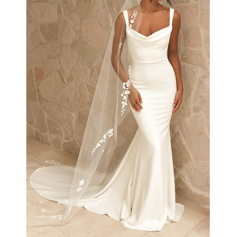 White Engagement Wedding Dresses Sheath / Column Camisole Spaghetti Strap Court Train Satin Bridal Gowns With Beading Solid Color 2024 2024 – GBP £144