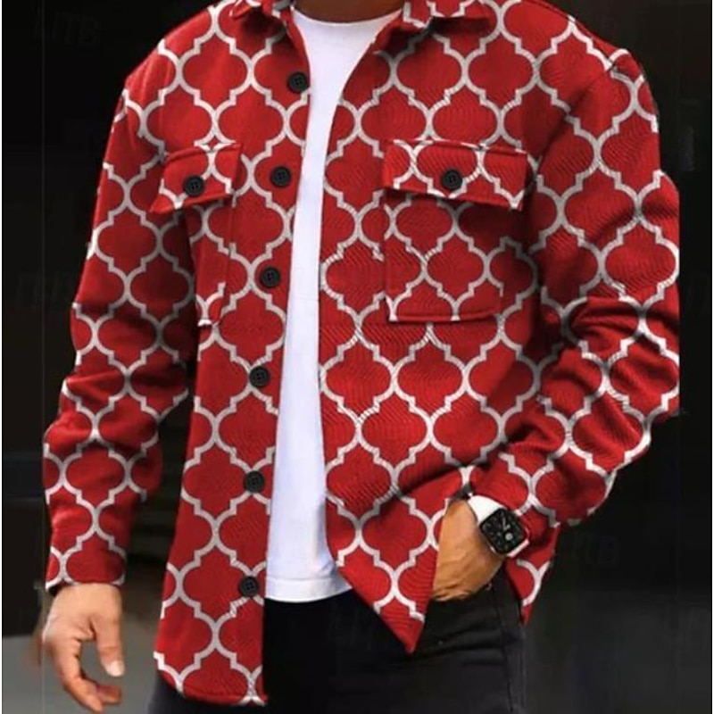 Men's Geometry Shirt Shirt Jacket Overshirt Long Sleeve Casual Outdoor Street Casual Daily Fall & Winter Turndown Buttons Pocket Print Black Red Blue Purple3
