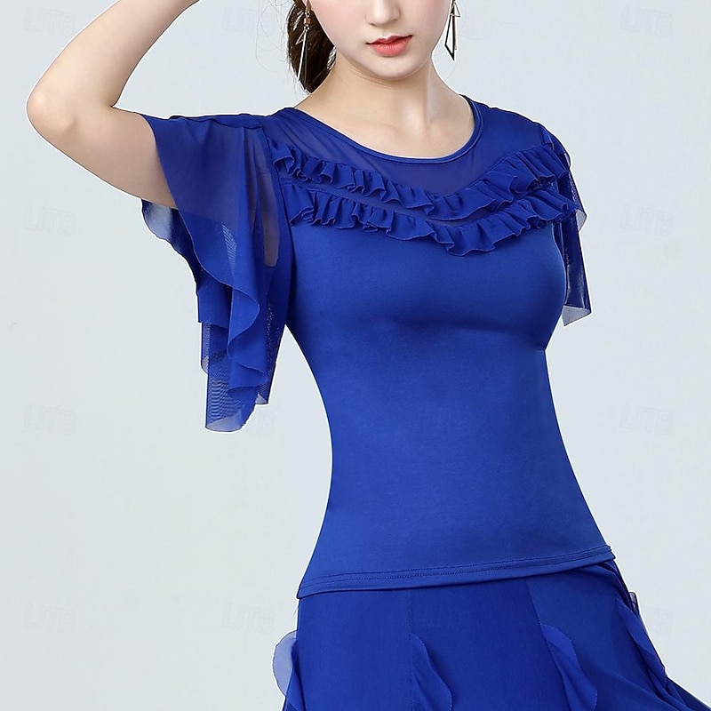 Latin Dance Ballroom Dance Top Pure Color Splicing Tulle Women's Performance Training Short Sleeve High Polyester2
