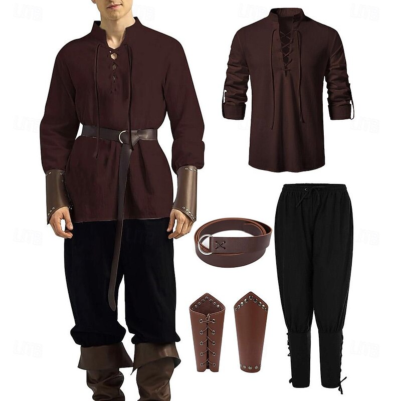 Medieval Renaissance 17th Century Armor Outfits Shirt Pirate Knight Ritter Viking Fancy Dress Men's Viking Fantasy Halloween Carnival Performance LARP Ren Faire Adults' Shirt Pants Waist Belt All3
