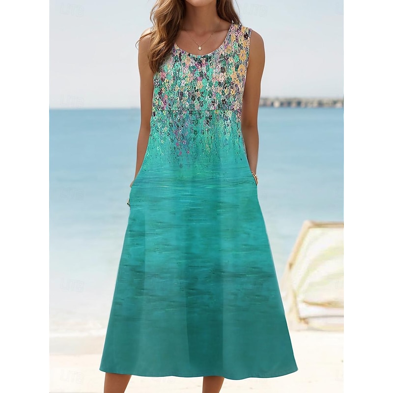Women's Sundress Tank Dress Summer Dress Print Dress Active Fashion Hawaiian Vacation Holiday Beach Loose Fit Sleeveless Crew Neck Aqua Blue Cream Wine Red Summer Spring3