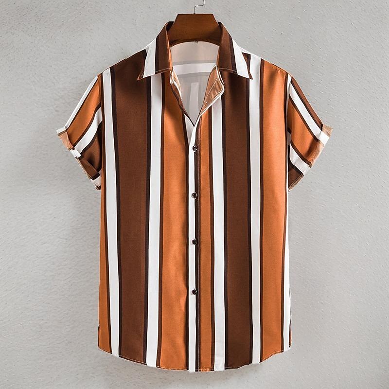 Men's Shirt Summer Shirt Casual Shirt Beach Shirt Button Up Shirt Striped Shirts Light Yellow Yellow Pink Orange Short Sleeve Stripe Turndown Vacation Hawaiian Clothing Apparel Polyester Fashion