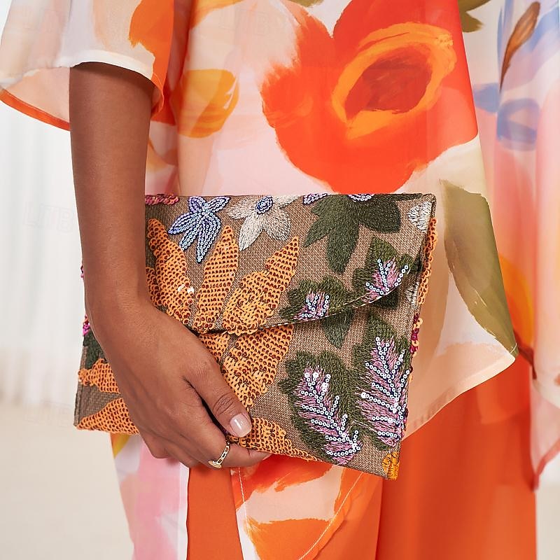 Women's Embroidered Floral Clutch - Handheld Evening Bag with Colorful Bead and Sequin Details2