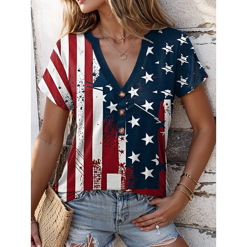 Women's Patriotic  T Shirt American Flag Stylish Red White And Blue Short Sleeve V Neck Regular Tops Daily Buttons Print Blue Summer