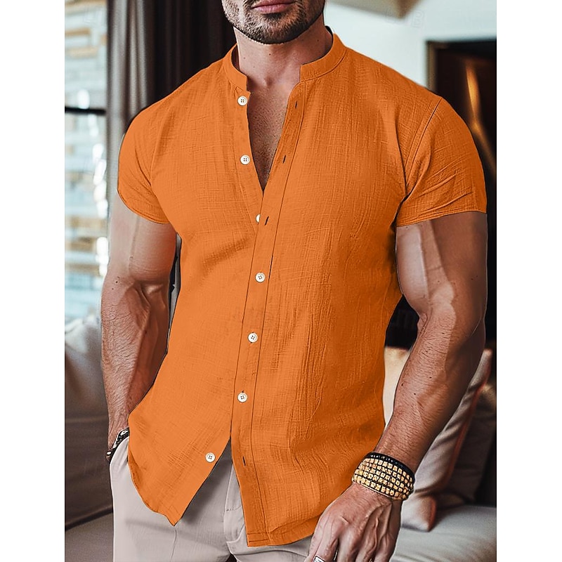 Men's Shirt Linen Shirt Band Collar Shirt Summer Shirt Beach Wear Summer Hawaiian Shirt Solid Color Street Daily Black White Blue Orange Short Sleeve Band Collar Spring & Summer Clothing Apparel