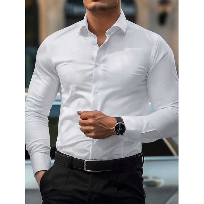 Men's Dress Shirt Homecoming Regular Fit Long Sleeve Lapel Summer Solid Color Cotton Cotton Blend White 2025