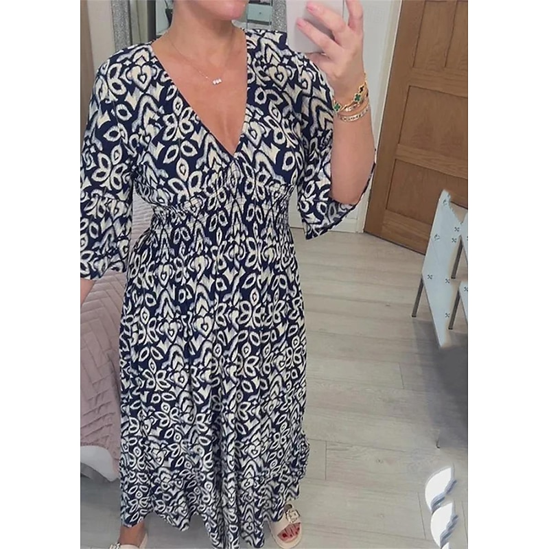 Women's Casual Dress Floral Print V Neck Long Dress Maxi Dress Ethnic Casual Daily Vacation 3/4 Length Sleeve Summer4