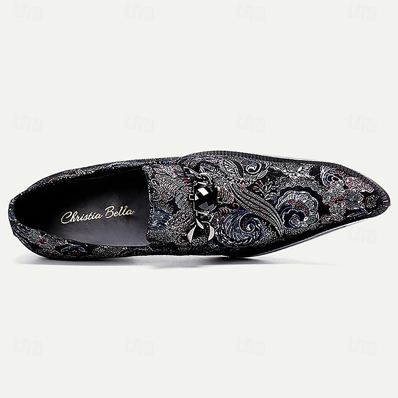 Men's Embroidered Floral Paisley Leather Dress Loafers with Decorative Buckle4