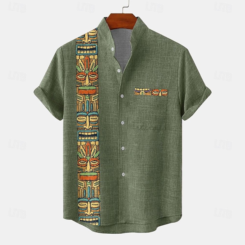 Men's Shirt Button Up Shirt Short Sleeve Vintage Casual Tribal Vacation Daily Summer Spring Band Collar grandad collar Print Dark Green Green Khaki