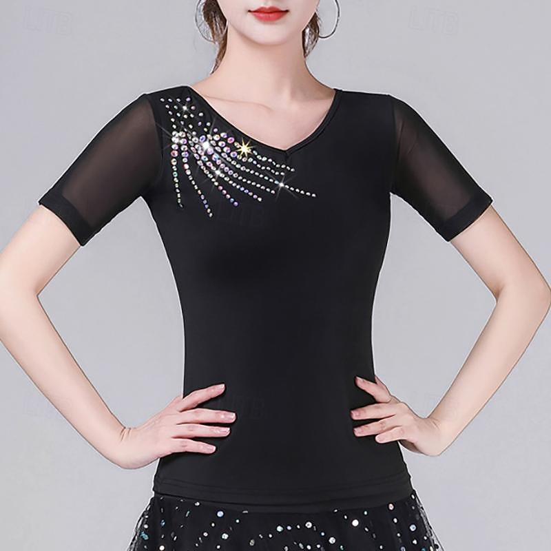Latin Dance Ballroom Dance Top Pure Color Splicing Crystals / Rhinestones Women's Performance Training Short Sleeve High Polyester - Main Image