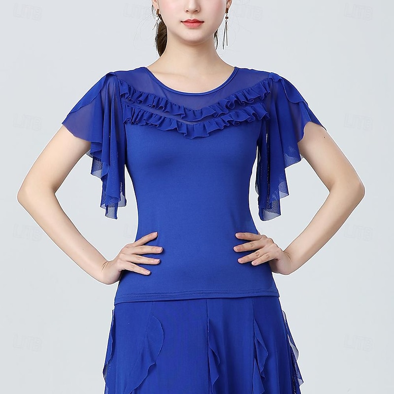 Latin Dance Ballroom Dance Top Pure Color Splicing Tulle Women's Performance Training Short Sleeve High Polyester