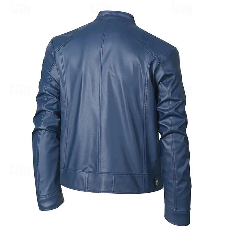 Male Faux Leather Jacket Transition Jacket Biker Jacket Casual Daily Travel Pocket All Seasons Solid / Plain Color Leisure Sweet Standing Collar Regular Black Royal Blue Brown Khaki Jacket2