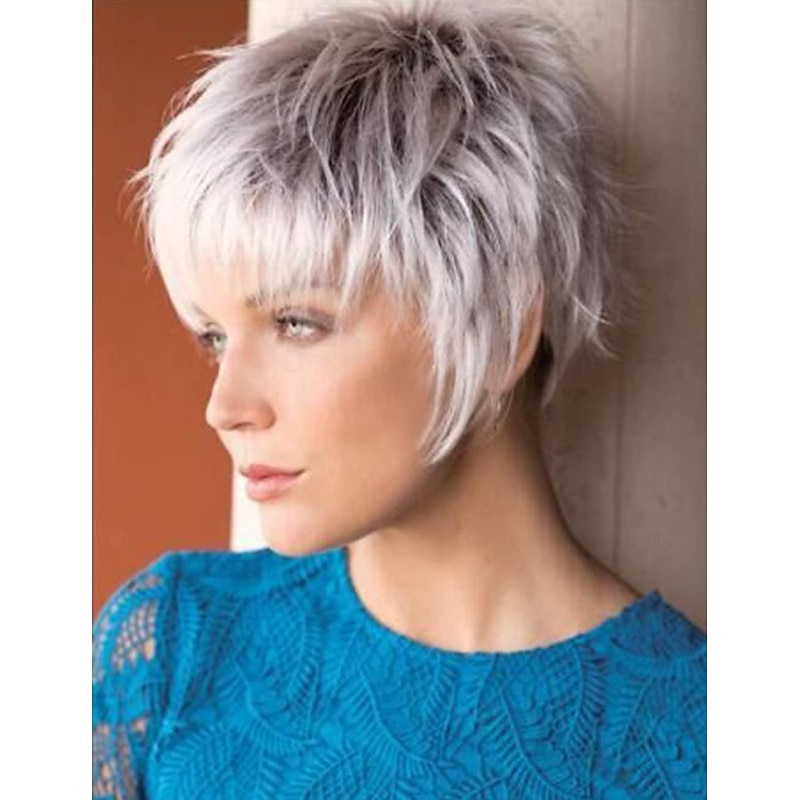 Sliver Grey Bob Short Wigs for White Women Straight Pixie Bob Wig with Bangs Chin Length Blonde Highlight Natural Looking Wig Synthetic Daily Party Wig