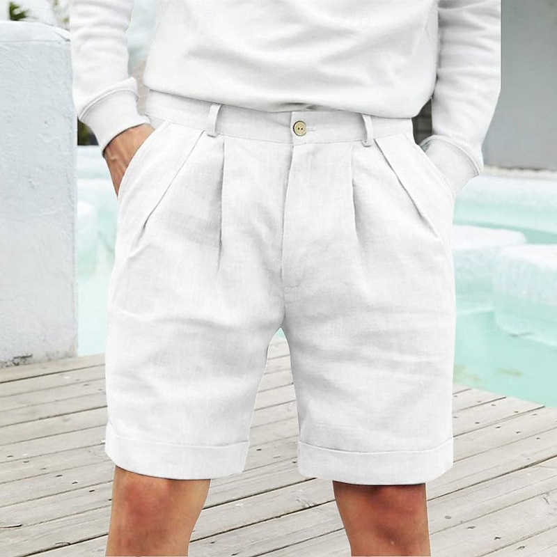 Men's Linen Shorts Summer Shorts Beach Shorts Buttons Pocket Pleats Plain Comfort Breathable Short Holiday Vacation Beach Hawaiian Boho Black White