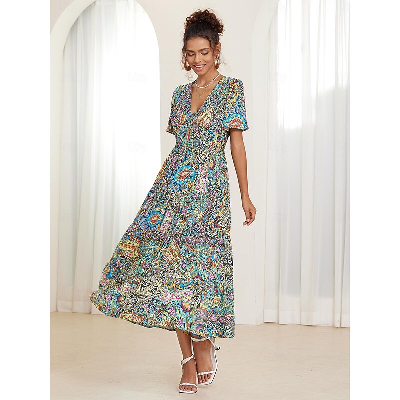 Women's Midi Boho Dress V-Neck Short Sleeve Paisley Print Flared Summer Casual Lightweight Breathable Fabric Colorful Bohemian Style Vacation Beachwear Multicolor Available in Multiple Sizes4