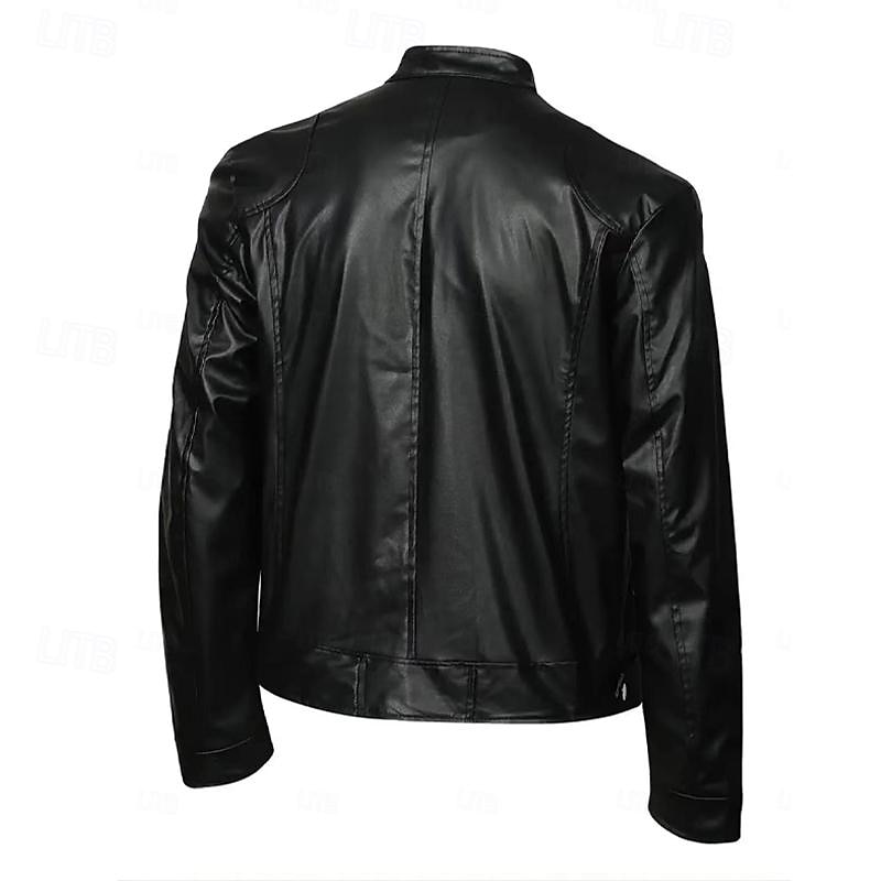 Male Faux Leather Jacket Transition Jacket Biker Jacket Casual Daily Travel Pocket All Seasons Solid / Plain Color Leisure Sweet Standing Collar Regular Black Royal Blue Brown Khaki Jacket4