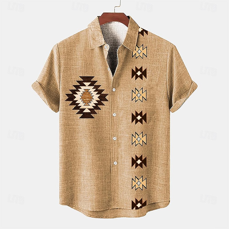 Men's Shirt Linen Shirt Retro Shirts Vintage Shirt Ethnic Shirt Tribal Daily Brown Green Gray Short Sleeve Turndown Summer Spring Clothing Apparel4
