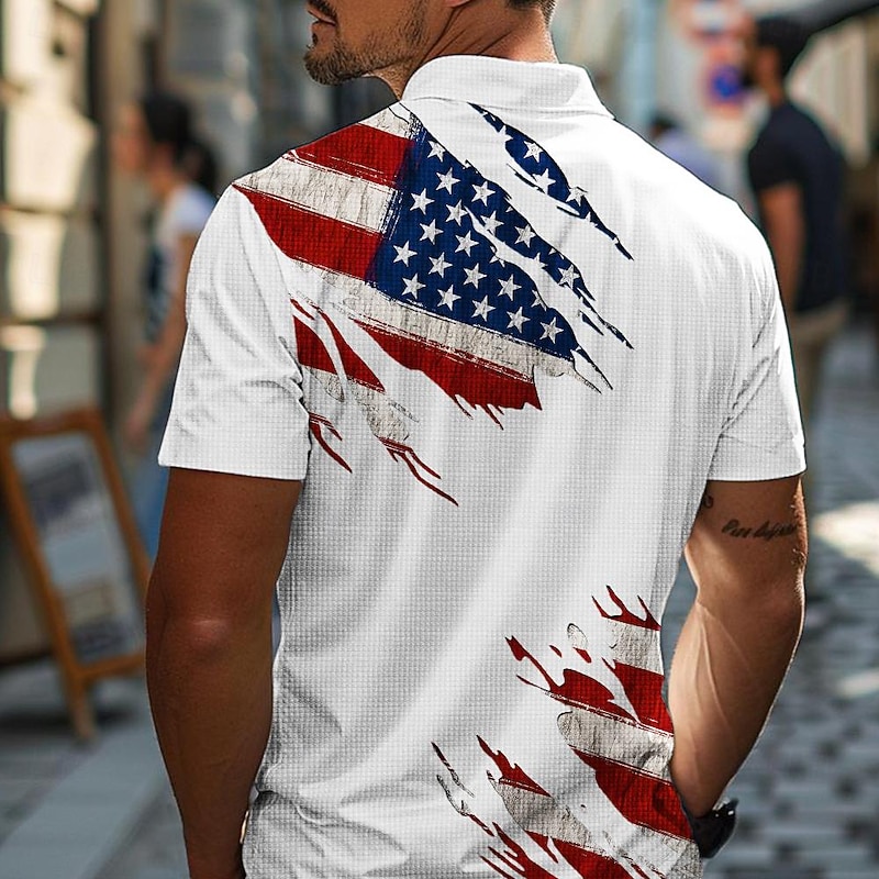 American Independence Day Men's American Flag Veterans Waffle Polo Shirts Golf Shirt Short Sleeve Polo Shirts Collared Shirts Casual Streetwear Vacation Wear Party Outfits 3D Print Buttons Summer2