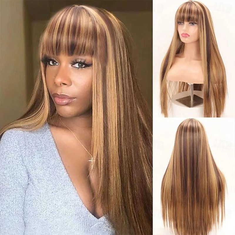 Ishow Hair Highlgiht Straight Human Hair Wigs With Bangs Fringe 180 Density Full Machine Made Straight Hair Wigs Remy Wigs