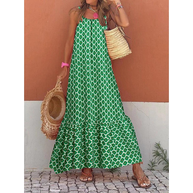 Women's Casual Dress Swing Dress Slip Dress Geometric Plaid Backless Print Strap Long Dress Maxi Dress Stylish Casual Daily Date Sleeveless Summer