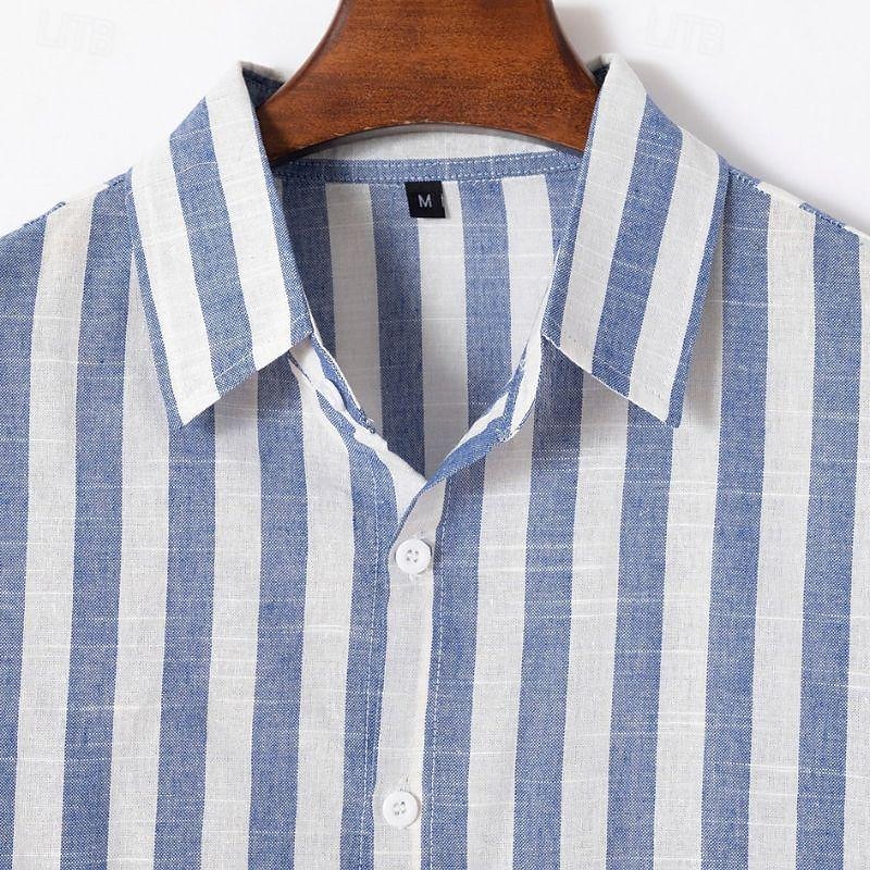 Men's Shirt Linen Shirt Summer Shirt Beach Shirt Cotton Linen Shirt Striped Shirts Striped Vacation Hawaiian Yellow Red Blue Green Long Sleeve Turndown Spring &  Fall Clothing Apparel Button-Down2