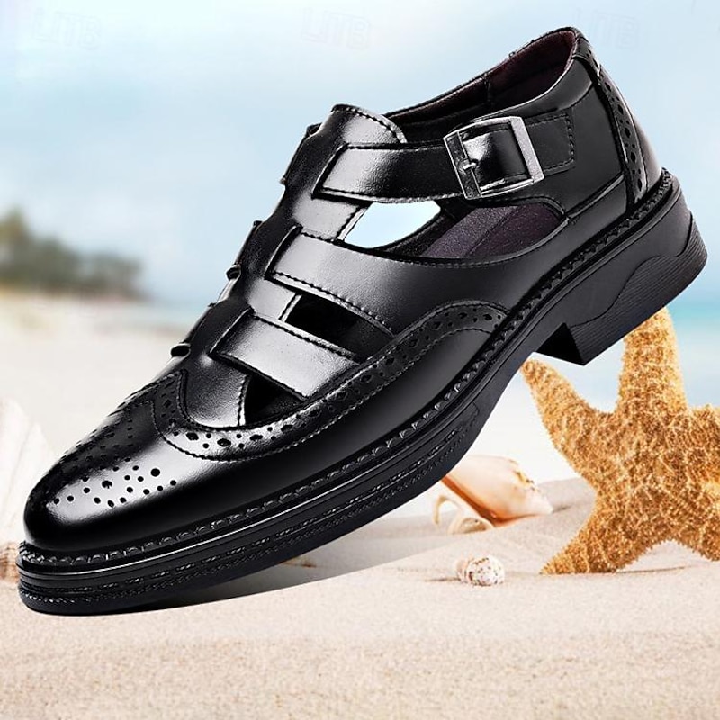 Men's Brown Leather Fisherman Sandals with Brogue Detailing, Breathable Cutout Summer Dress Shoes for Middle-Aged Professionals or Casual Beach Wear4