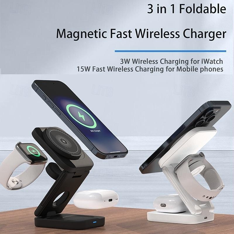 Wireless Charger 15 W Output Power Wireless Charging Station CE Certified Fast Wireless Charging MagSafe Universal For iPhone 14/13/12/11 Pro Max Universal Cellphone Gear Fit 2 R360 Apple Watch