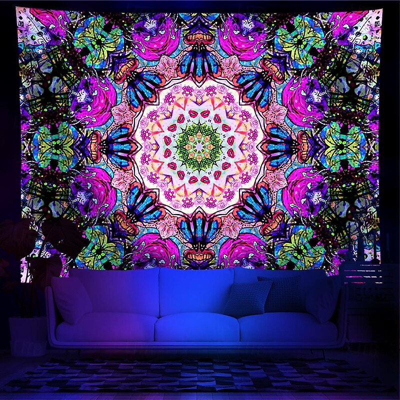 Blacklight Tapestry UV Reactive Glow in the Dark Glow Party Neon Mandala Bohemian Psychedelic Trippy Misty Hanging Tapestry Wall Art Mural for Living Room Bedroom4