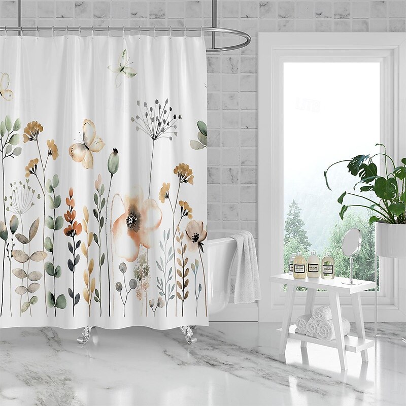 Shower Curtain with Hooks 180cm*180cm(70"*70") Polyester Washable Waterproof Pattern Bathroom Bathtub Decor Vintage Butterfly Flowers2