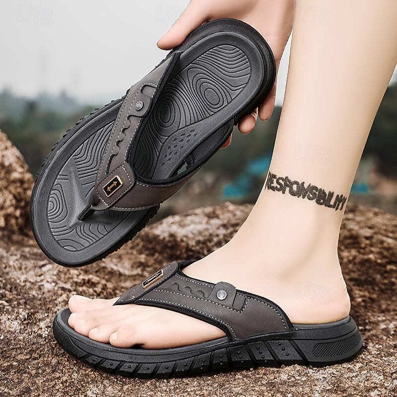 Men's Leather Sandals Summer Sandals Slippers & Flip-Flops Retro Walking Casual Daily Vacation Beach Comfortable Shoes Dark Grey Dark Brown2
