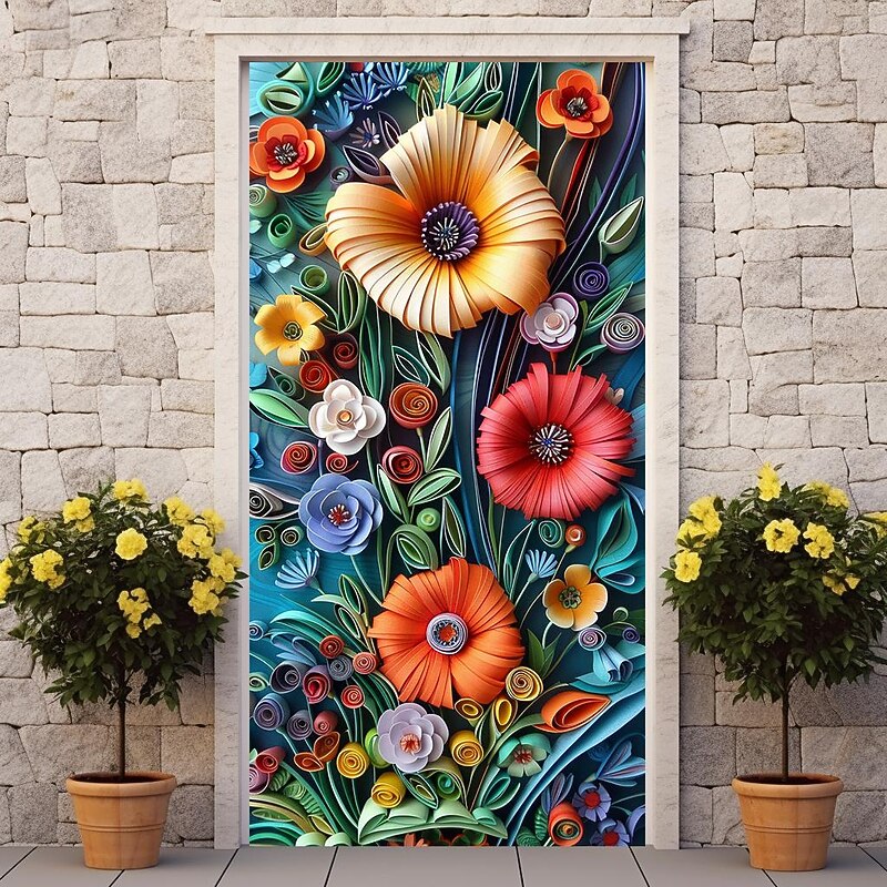 3D Floral Door Covers Mural Decor Door Tapestry Door Curtain Decoration Backdrop Door Banner Removable for Front Door Indoor Outdoor Home Room Decoration Farmhouse Decor Supplies3