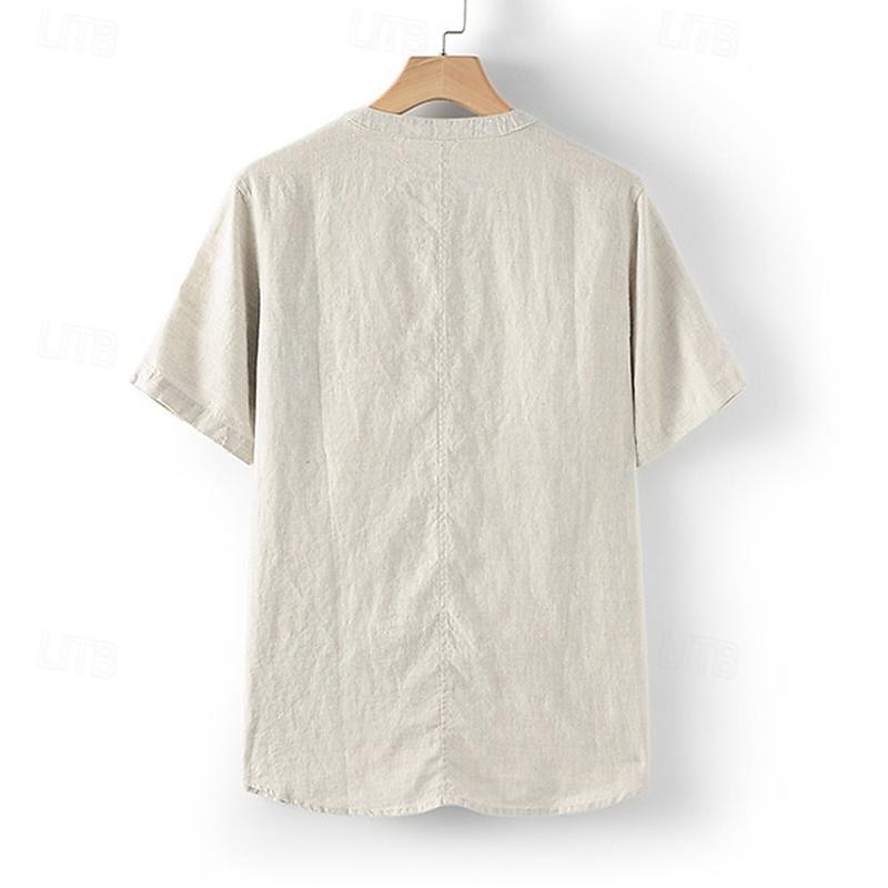 Men's Shirt White Cotton Shirt Casual Shirt Cotton Linen Shirt Plain Vacation Street White Beige Short Sleeve Crew Neck Summer Clothing Apparel Button-Down2