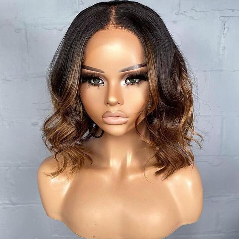 Remy Human Hair 13x4 Lace Front Wig Short Bob Brazilian Hair Wavy Brown Wig 130% 150% Density with Baby Hair Ombre Hair 100% Virgin Pre-Plucked For Women Short Human Hair Lace Wig4
