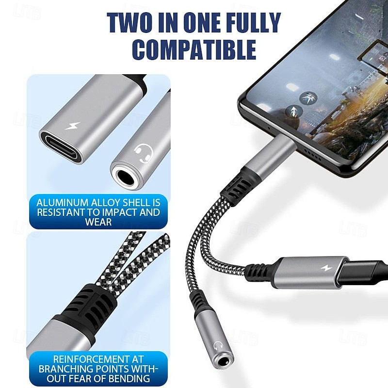 USB Type C to 3.5mm Headphone Jack Adapter Cable 2 in 1 Dual USB C Female Audio Aux Connector Charging Splitter Music2