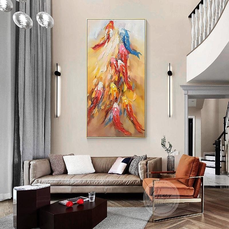 Fancy 9 Koi Fish oil painting  handmade Gold Abstract wall art painting hand painted Fengshui Oil Painting Orange Blue Red fish painting handmade Heavy texture palette knife Acrylic painting for decor3