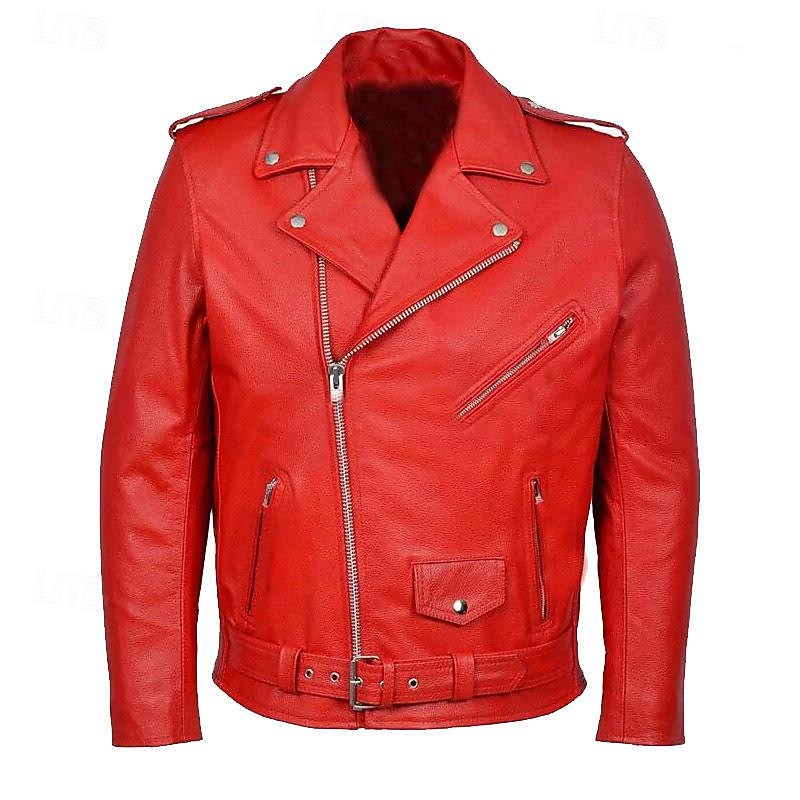 Male Faux Leather Jacket Transition Jacket Biker Jacket Red Leather Jacket Daily Wear Casual Daily Zipper All Seasons Solid / Plain Color Leisure Sweet Lapel Regular Black Red Jacket