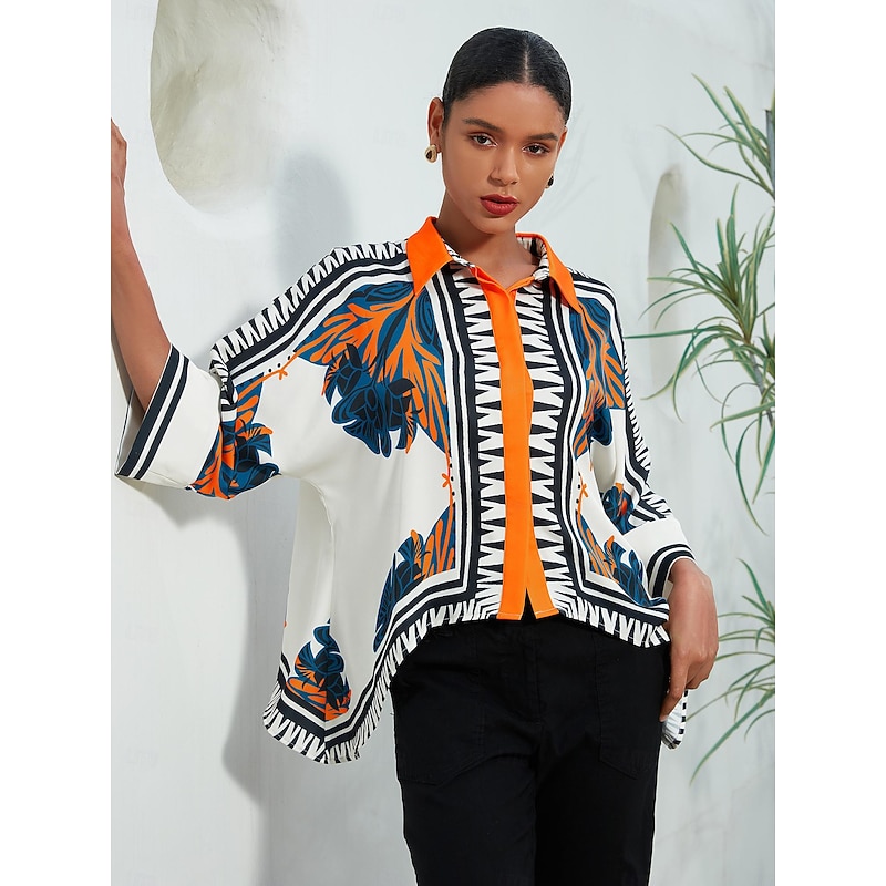 Women's Satin Silk Shirt Plaid / Striped / Chevron / Round Flower / Plants Daily Wear Magyar Sleeve Black Color Block Printing Geometrical 3/4-Length Sleeve Modern Contemporary Shirt Collar Spring4