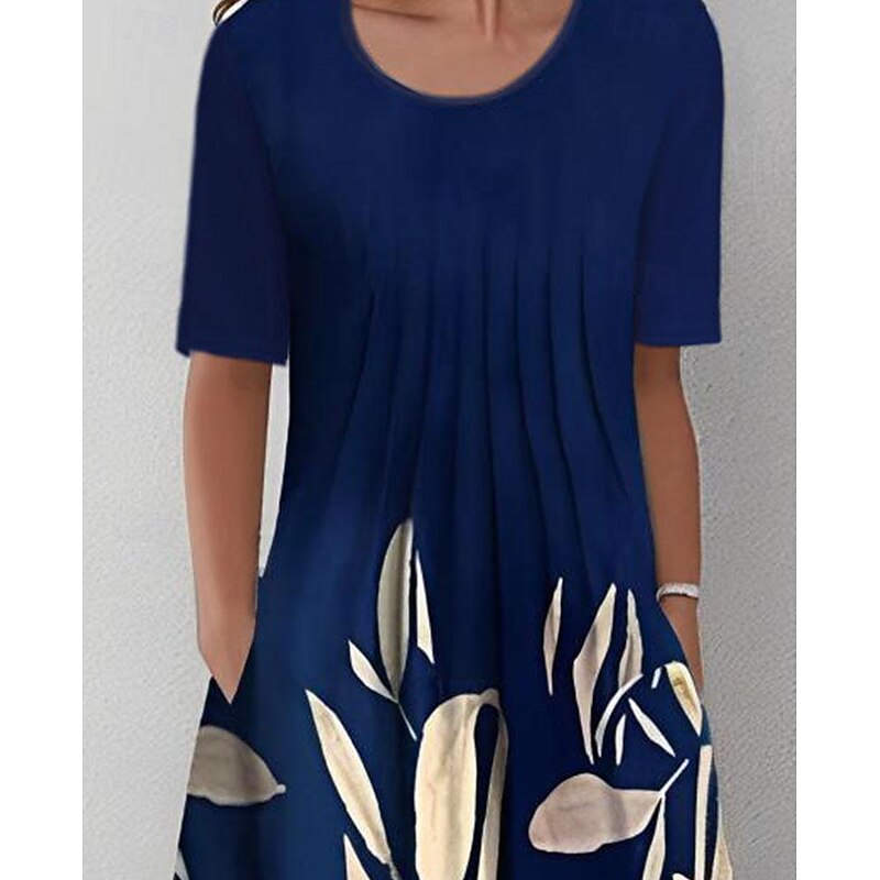 Women's Midi Dress Casual Dress Shift Dress Navy Blue Short Sleeve Floral Ruched Spring Summer Crew Neck Basic Daily Vacation Weekend 2023 S M L XL XXL 3XL2