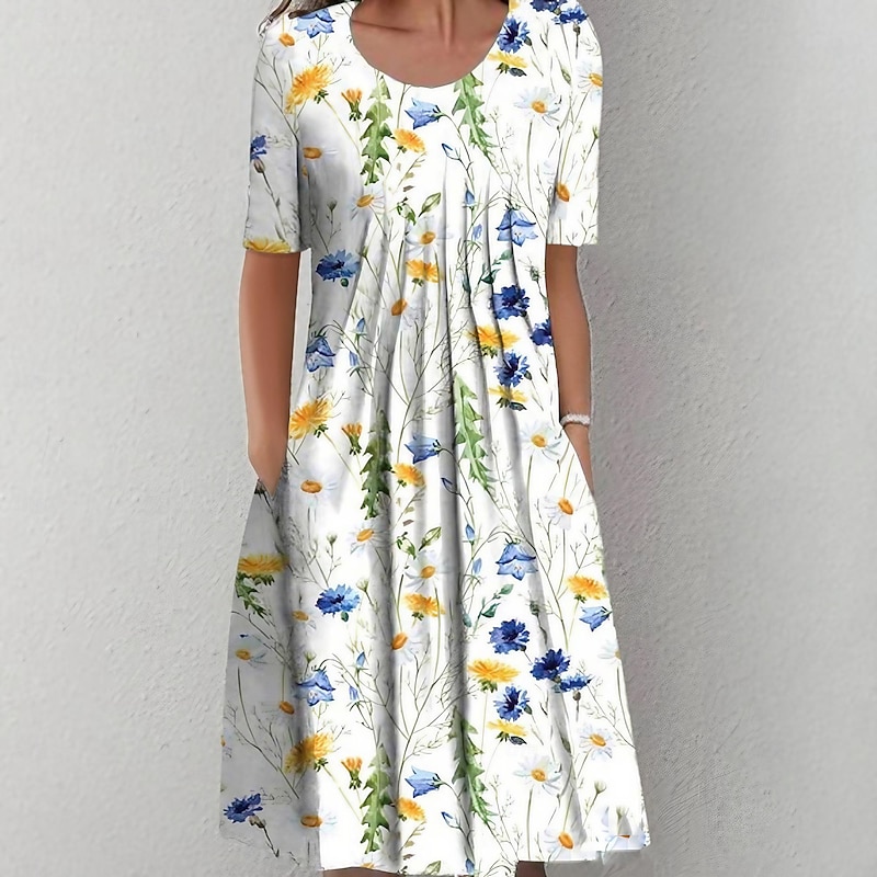 Women's Midi Dress Casual Dress Shift Dress Floral Ruched Pocket Crew Neck Elegant Casual Daily Vacation Short Sleeve Summer Spring