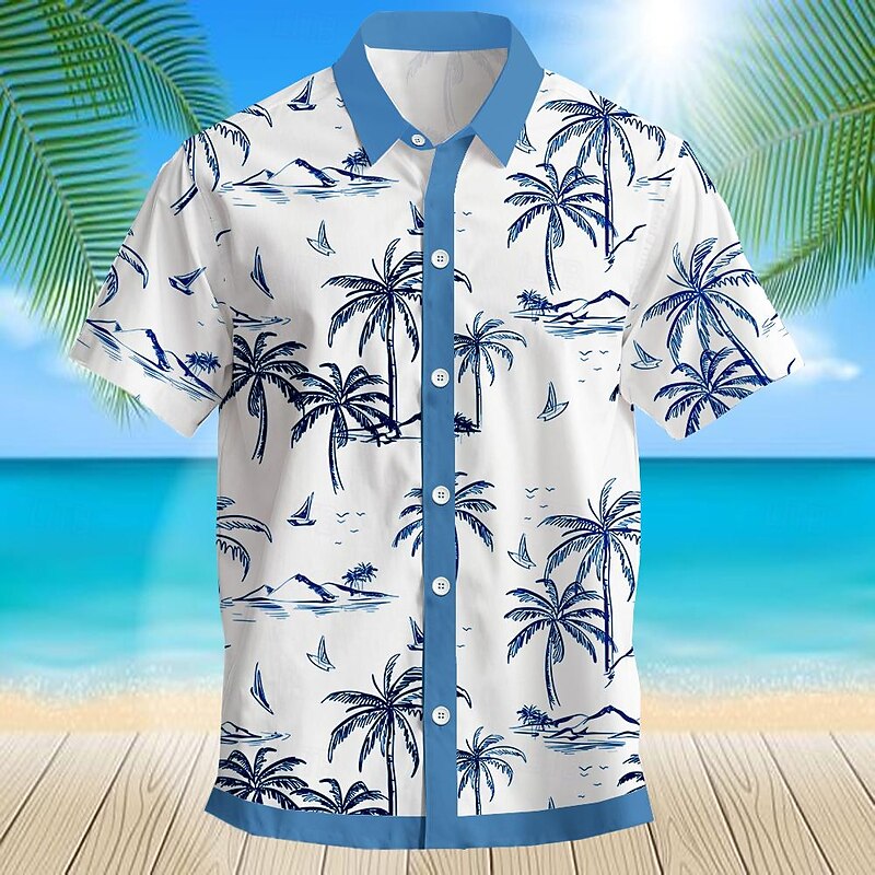 Men's Coconut Tree Palm Tree Tropical Plants Summer Hawaiian Shirt Aloha Shirt Short Sleeves Shirt Turndown Hawaiian Casual Resort Outdoor Vacation Street Blue Gray S M L4