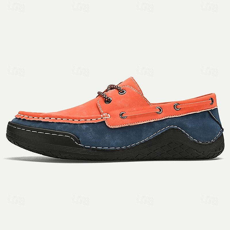 Men's Casual Orange and Navy Leather Boat Shoes with Lace-Up Design and Hand-Stitched Detailing – Comfortable and Stylish for Outdoor and Everyday Wear3