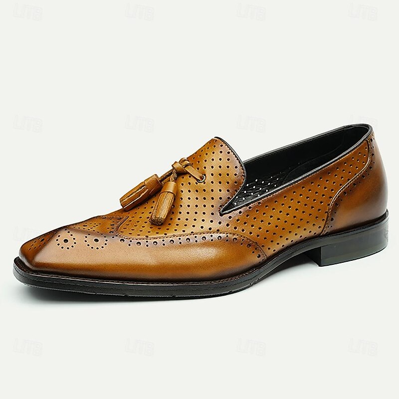 Men's Premium Cowhide Leather Tassel Loafers – Perforated Vintage Dress Shoes for Formal Occasions4