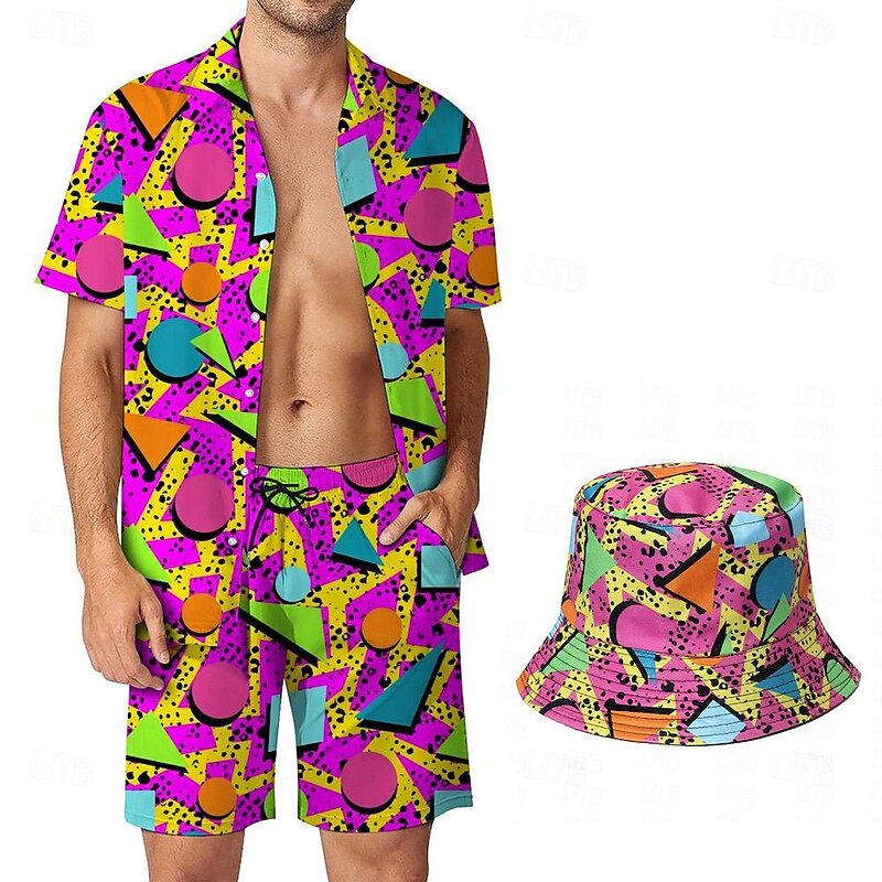 Classical 1980s Hat Shorts Shirt Fancy Dress Men's Vacation Dailywear Pride Parade Adults' Shirt Shorts Hat Summer3