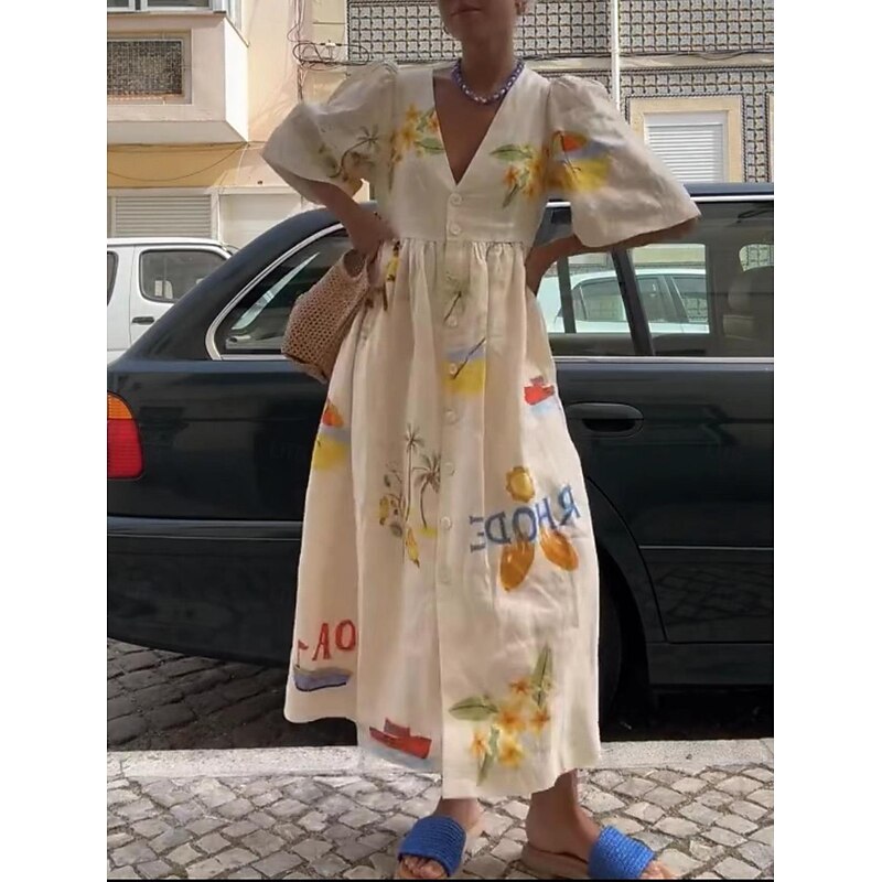 Women's Leaf Animal Print V Neck Puff Sleeve Midi Dress Bohemia Daily Vacation Short Sleeve Summer3