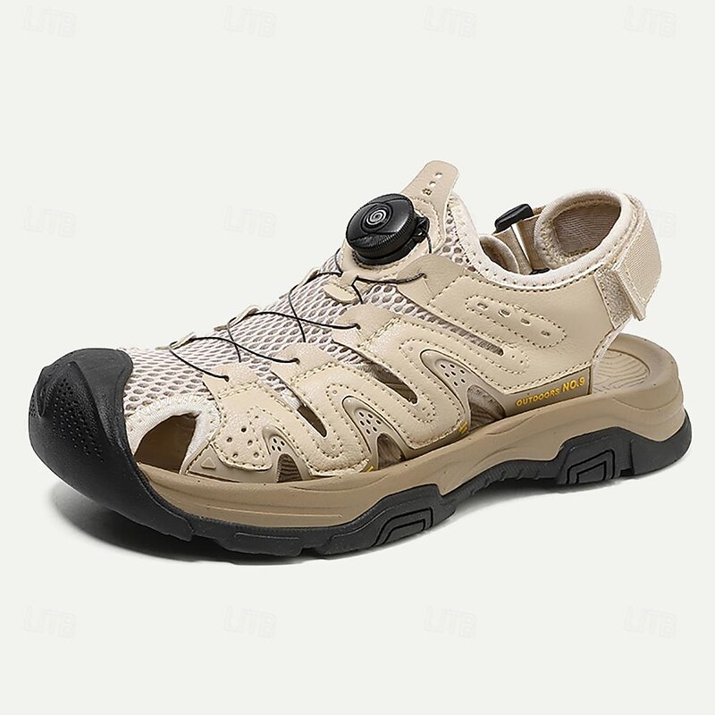 Men's Sandals Outdoor Hiking Sandals Casual Beach Leather Breathable Comfortable Slip Resistant Loafer Elastic Band Black Beige3